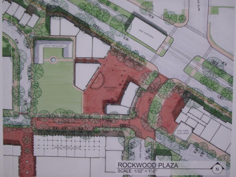 Rockwood Plaza plaza view closeup: Univ of Oregon Sustainable Cities Rockwood Redevelopment Design